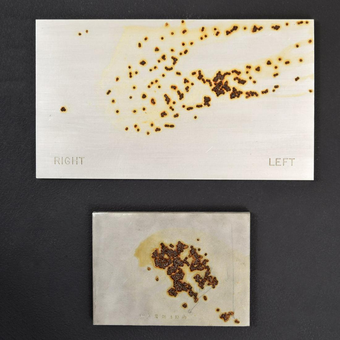 Georg Herold Caviar Sculpture in 2 Parts: Artist/Designer; Manufacturer: Georg Herold (b. 1947) Marking(s); notes: marking(s) Country of origin; materials: American; steel, caviar, resin Dimensions (H, W, D): larger: 14.5"l, 8.75"w, 0.75"d; s