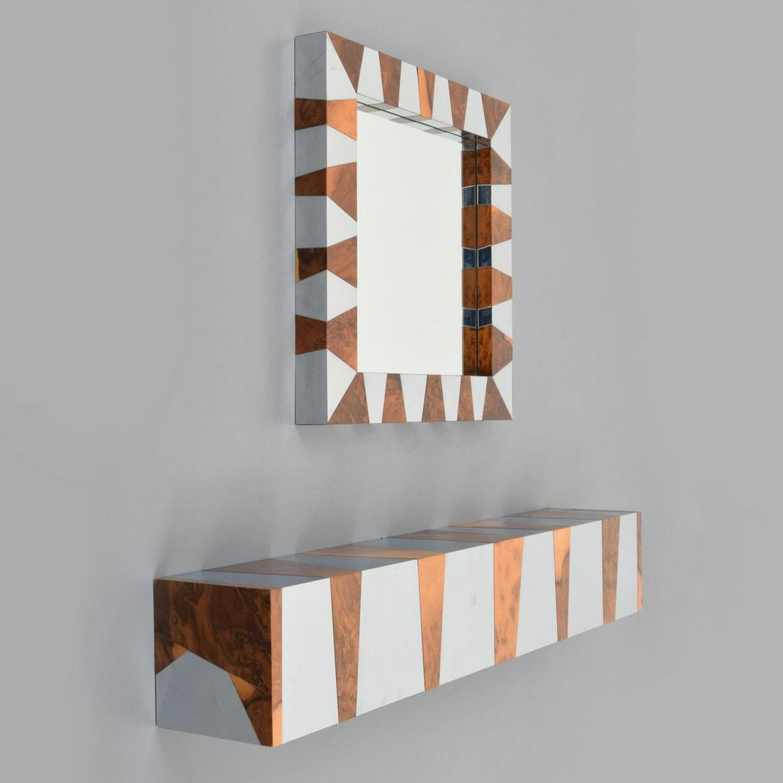 Console Table/Shelf & Mirror, Manner of Paul Evans: Artist/Designer; Manufacturer: Paul Evans, manner of Marking(s); notes: no marking(s) apparent Country of origin; materials: country of origin unknown; wood, burlwood, chromed metal, mirrored glass Di