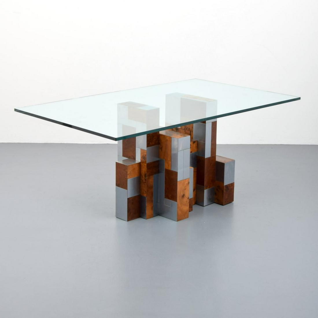 Paul Evans "Cityscape" Dining Table: Artist/Designer; Manufacturer: Paul Evans; Paul Evans Studio for Directional Marking(s); notes: signed Country of origin; materials: USA; burl wood, chromed metal, glass Dimensions (H, W, D): overall: