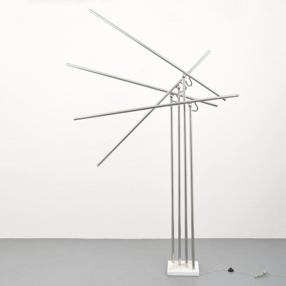 Monumental Arteluce "Giraffe" Floor Lamp: Artist/Designer; Manufacturer: Arteluce Marking(s); notes: no marking(s) apparent Country of origin; materials: Italy; chromed steel, marble Dimensions (H, W, D): 75"h, 80"w, 13"w (at rest; lamp is ad