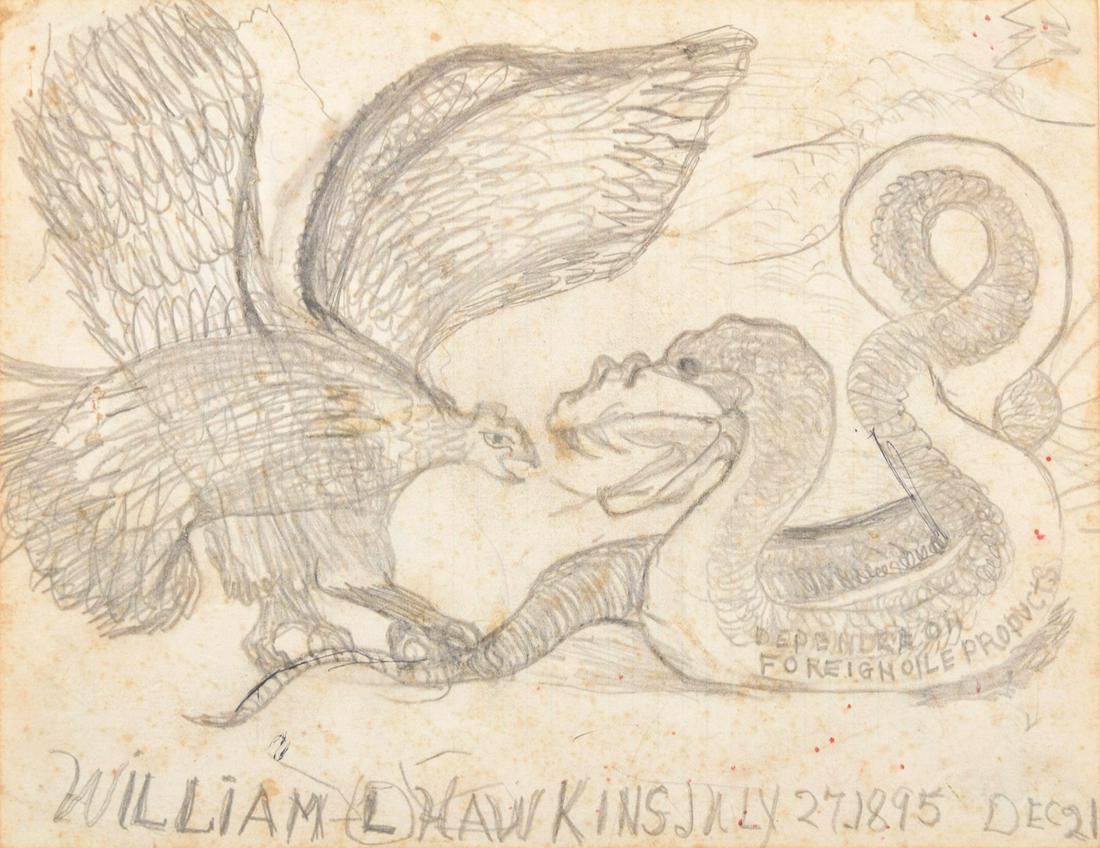 William Hawkins Drawing: Artist/Designer; Manufacturer: William Hawkins (1895-1990) Marking(s); notes: signed, marking(s) Country of origin; materials: American; graphite on paper Dimensions (H, W, D): 8.5"h, 11"w; 19"h, 21"w