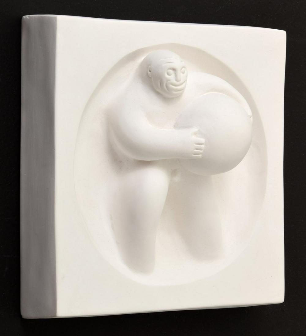 Tom Otterness "Worker" Relief Sculpture: Artist/Designer; Manufacturer: Tom Otterness (b. 1952) Marking(s); notes: signed, marking(s); 1988 Country of origin; materials: American; cast hydrocal with natural finish Dimensions (H, W, D): 11"h,