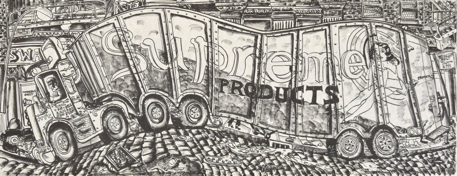 Large Red Grooms "Truck" Print, Signed Edition, 62"W: Artist/Designer; Manufacturer: Red Grooms (b. 1937) Marking(s); notes: signed; AP 5/11 for the edition of 36; 1979-1980 Country of origin; materials: American; lithograph and screenprint Dimensions (H