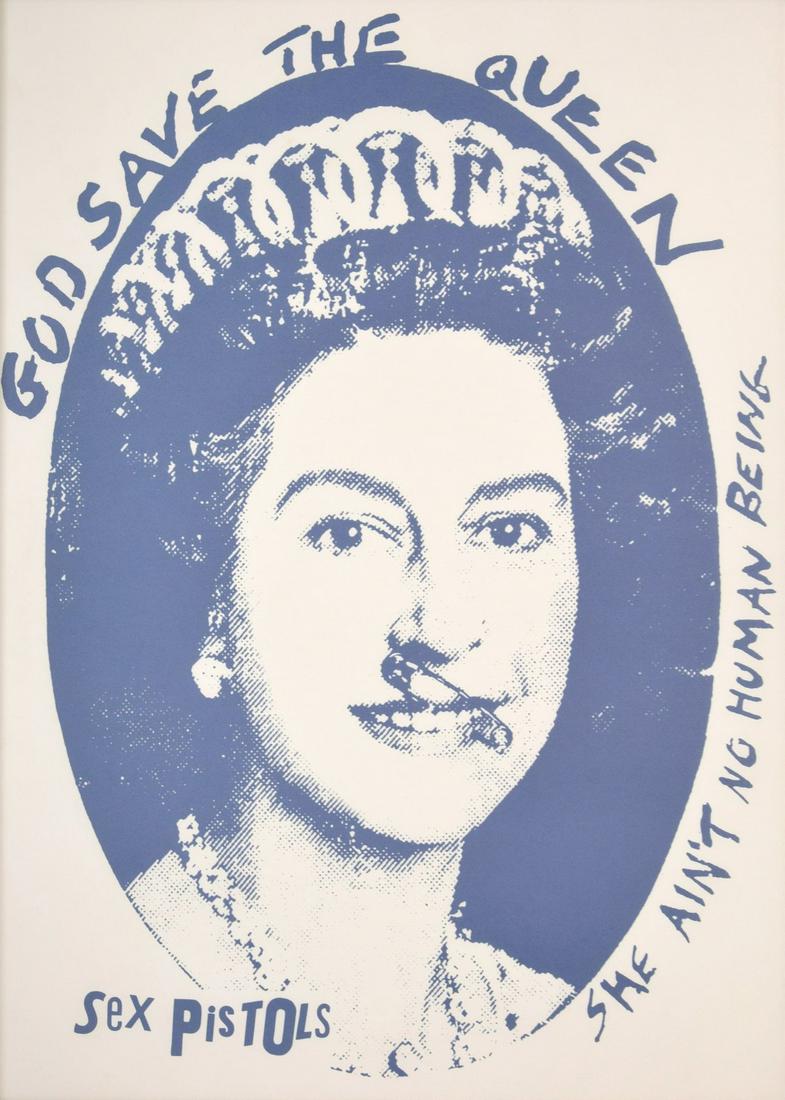 Jamie Reid "God Save the Queen" Sex Pistols Poster: Artist/Designer; Manufacturer: Jamie Reid (b. 1947) Marking(s); notes: no marking(s) apparent Country of origin; materials: English; screenprint on archival paper Dimensions (H, W, D): 40"h, 29"w; 41"