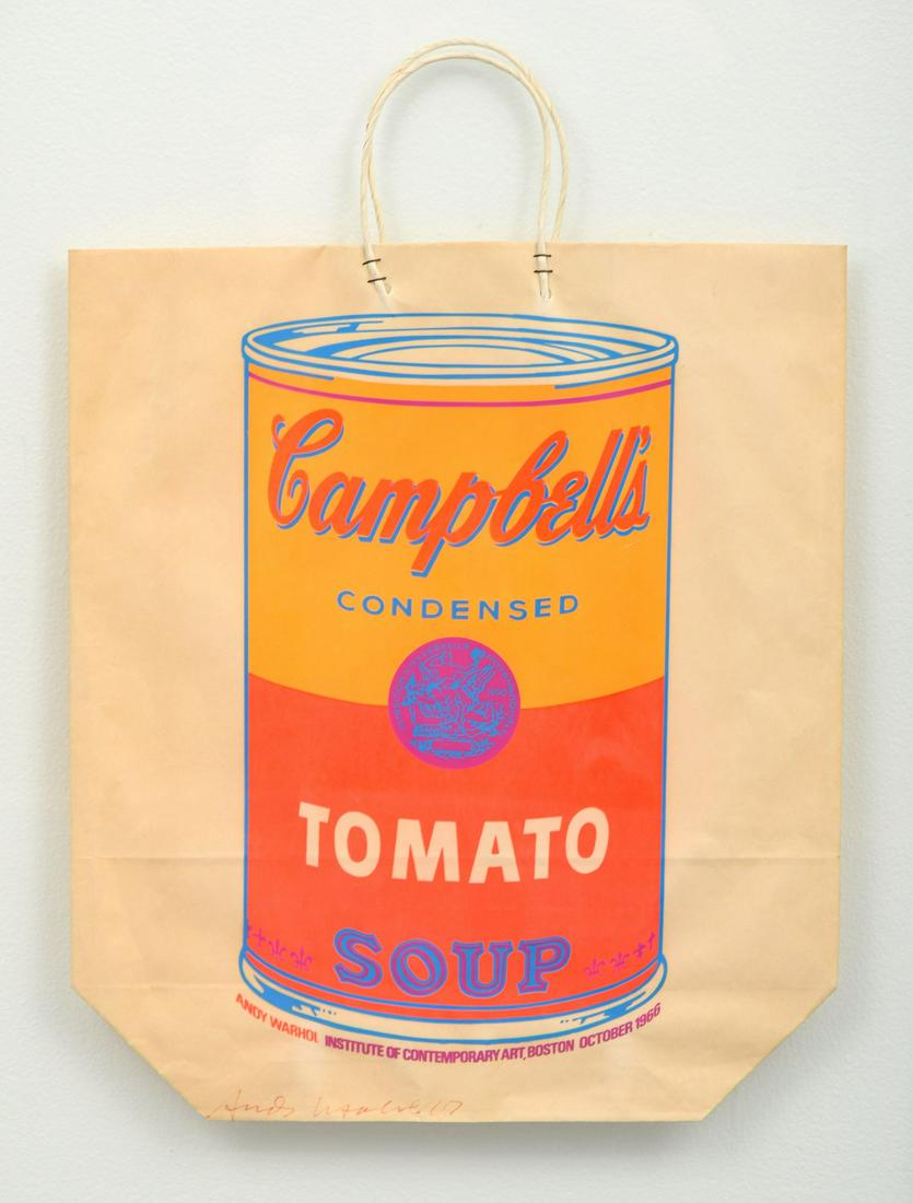 Andy Warhol Campbell's Soup Shopping Bag, Signed: Artist/Designer; Manufacturer: Andy Warhol (1928-1987) Marking(s); notes: signed, Guild Paper Products Co. stamp, marking(s); 1966 Country of origin; materials: American; screenprint on paper shopping