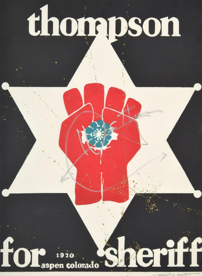 Thomas Benton "Hunter S. Thompson" Poster, Signed: Artist/Designer; Manufacturer: Thomas Benton (1930-2007) Marking(s); notes: signed Country of origin; materials: American; screenprint poster Dimensions (H, W, D): 24.5"h, 18"w; 31.75"h, 26"w frame Ad