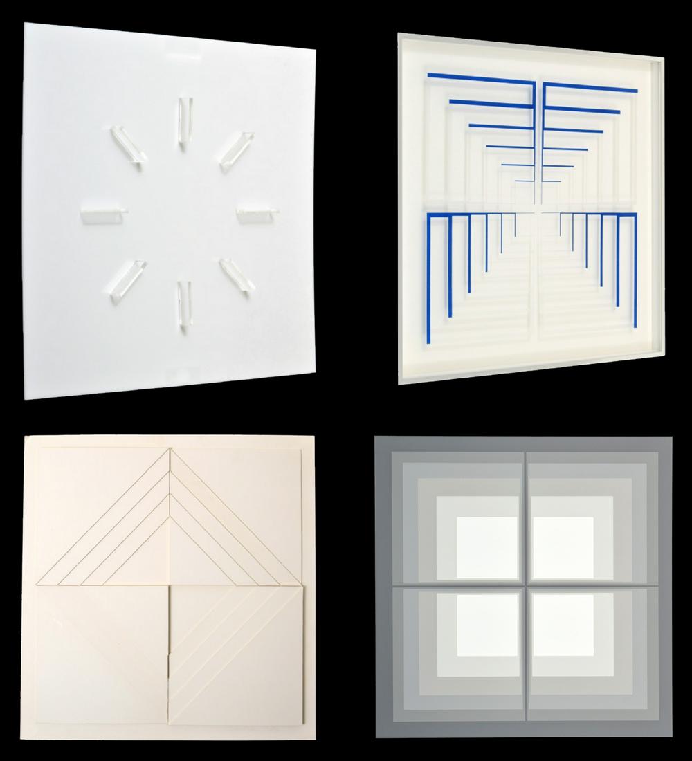 4 Mon Levinson Geometric Mixed Media Editions: Artist/Designer; Manufacturer: Mon Levinson (1926-2014) Marking(s); notes: signed, blind stamp; ed. 20/90; 1969 Country of origin; materials: American; see Additional Information/Description Dimension