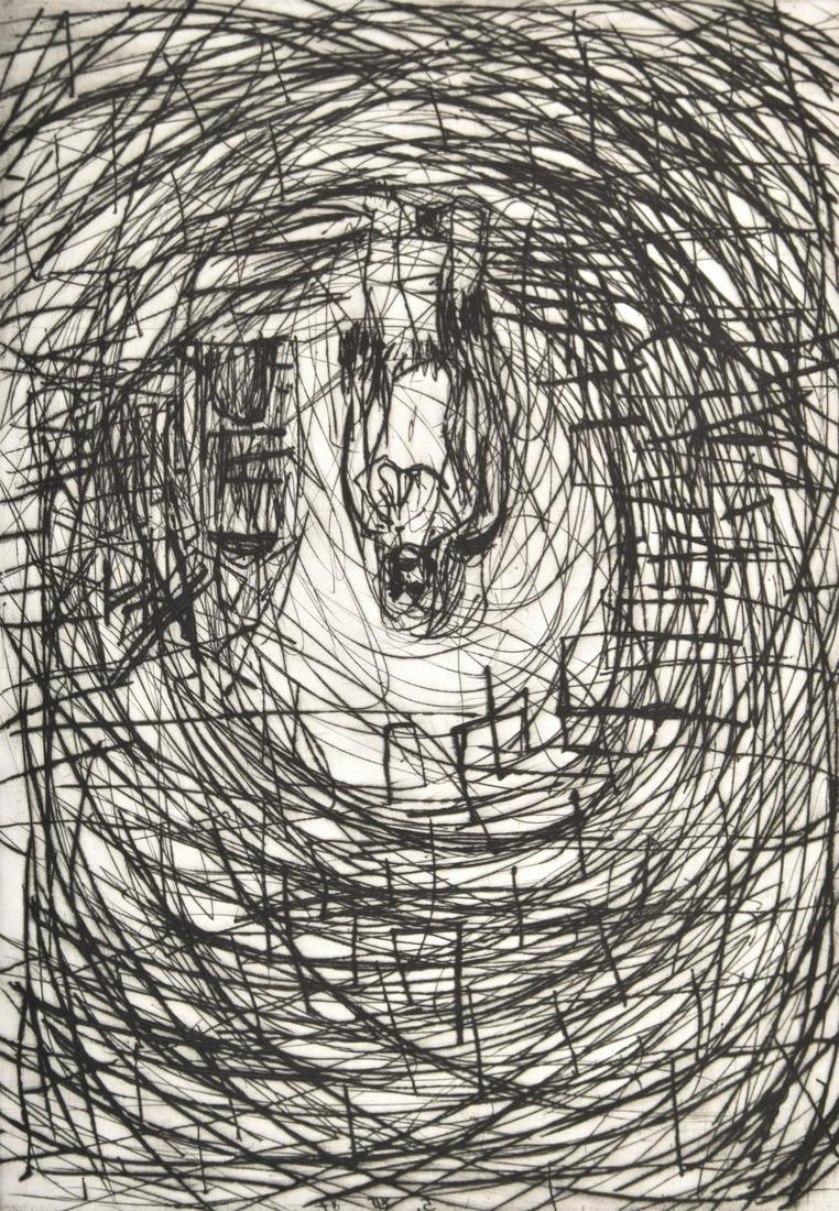 Georg Baselitz Etching, Signed Edition: Artist/Designer; Manufacturer: Georg Baselitz (b. 1938) Marking(s); notes: signed; ed. 5/20; 1987 Country of origin; materials: German; drypoint etching Dimensions (H, W, D): 26"h, 19.75"w; 28.75"h, 2