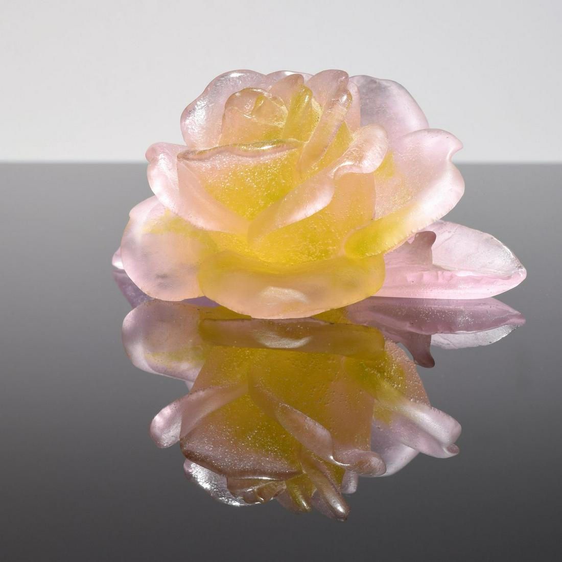 Daum Pate-de-Verre Rose Paperweight/Sculpture: Artist/Designer; Manufacturer: Daum Marking(s); notes: signed, marking(s) Country of origin; materials: France; glass Dimensions (H, W, D): 2"h, 4"w, 4"d Additional Information: Lot includes original