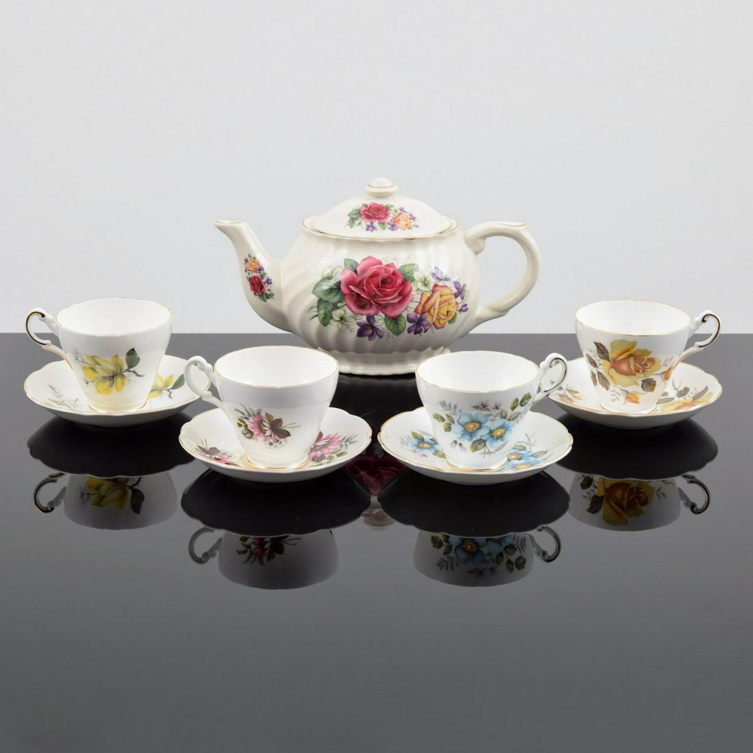 English Floral China Tea Set, 9 Mixed Floral Pieces: Artist/Designer; Manufacturer: various makers: Royal Caldone/Ceracraft Ltd., Royal Ascot, Regency Marking(s); notes: marking(s) (see detail photos) Country of origin; materials: England; bone china Di