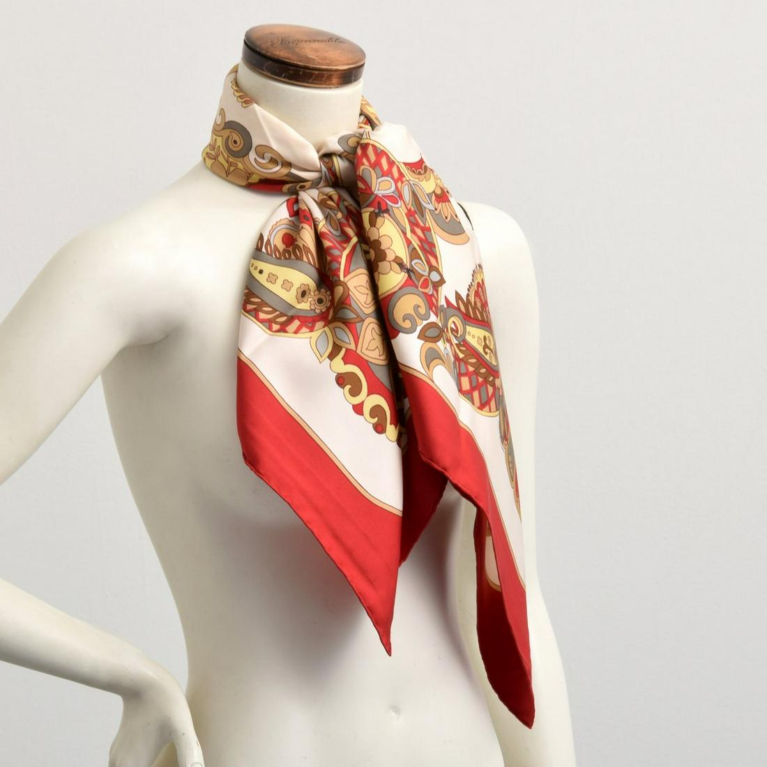 Hermes "Cendrillon" Silk Scarf: Artist/Designer; Manufacturer: Karen Swildens; Hermes Marking(s); notes: signed in design (Hermes, title) Country of origin; materials: France; silk Dimensions (H, W, D): 35"l, 35"w Additional Informa