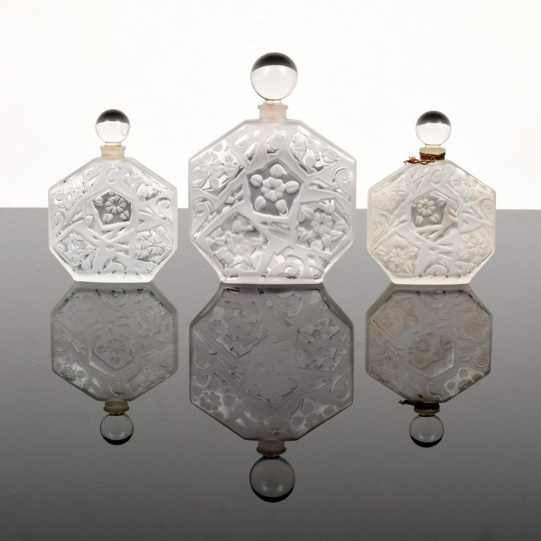 3 J.C. Brosseau "Ombre Rose" Perfume Bottles: Artist/Designer; Manufacturer: J.C. Brosseau Marking(s); notes: signed, marking(s) Country of origin; materials: France; glass Dimensions (H, W, D): largest: 5.5"h, 4.25"w, 1"d Additional Information: