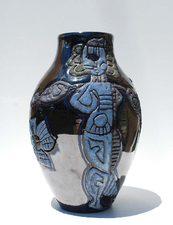 Large Pottery Vase: Designer & Manufacturer: Country of Origin & Materials: Pottery Additional Information & Circa: Large pottery vase with a Fulper like mirrored black glaze, unsigned Dimensions: 12"H, 8"Dia.