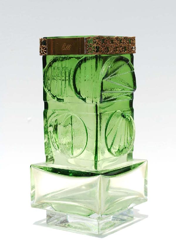 Pentti Sarpaneva Vase: Designer & Manufacturer: Pentti Sarpaneva Country of Origin & Materials: Finland; Blown Glass Additional Information & Circa: Modernist vase with metal rim by Pentti Sarpaneva, engraved "Elli"; Circa