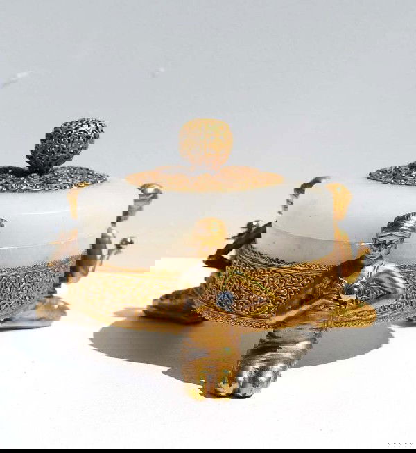 Art Deco Marble Powder Jar: Designer & Manufacturer: Country of Origin & Materials: Marble, Metal Additional Information & Circa: Art deco powder jar with intricate metal scroll work and 3 figurines as supports; Circa 1930's Di