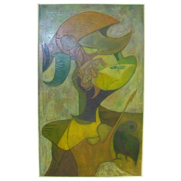 Cubist Painting by R. Lukas: Designer & Manufacturer: R. Lukas Country of Origin & Materials: Additional Information & Circa: Cubist painting signed R. Lukas in purples, yellow, greens, and oranges. Signed and dated; 1958 Dimensi