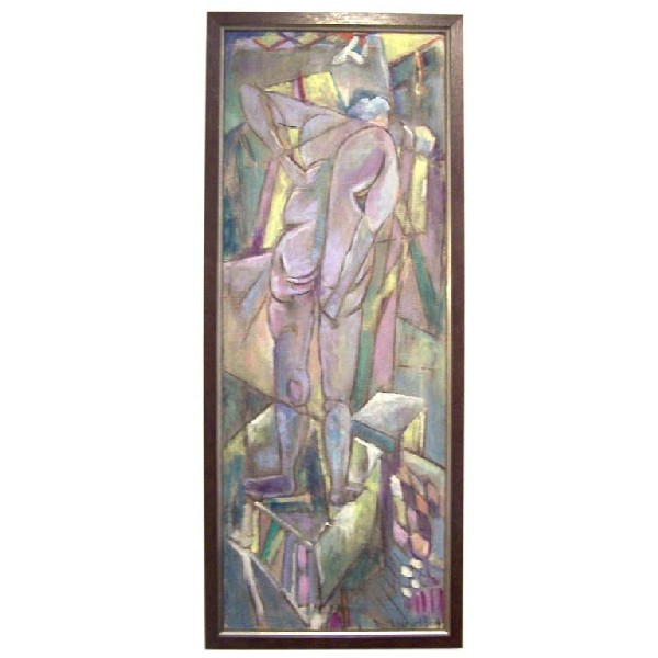 Modernist Painting signed Barnet: Designer & Manufacturer: Barnet? Country of Origin & Materials: Additional Information & Circa: Modernist painting signed "…barnet?". Female nude in lavender, aqua, various shades of green, yellow, 