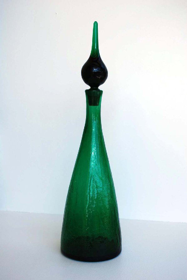 Tall Decanter Attributed to Pilgrim: Designer & Manufacturer: Pilgrim, Attributed Country of Origin & Materials: USA; Blown Glass Additional Information & Circa: Tall crackle decanter attributed to Pilgrim; Circa 1960's Dimensions: 16.5"