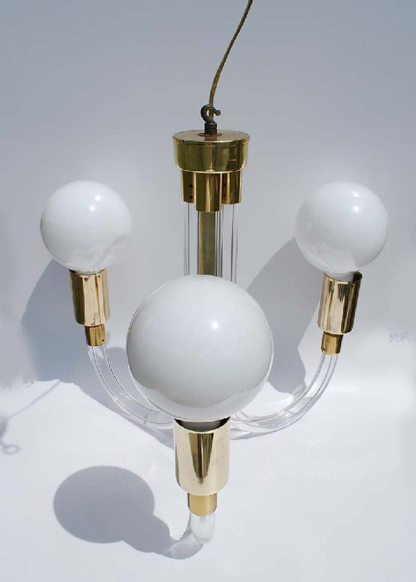 Charles Hollis Jones Chandelier: Designer & Manufacturer: Charles Hollis Jones Country of Origin & Materials: USA; Brass, Lucite Additional Information & Circa: Lucite & brass chandelier by Charles Hollis Jones; Circa 1970's Dimensio