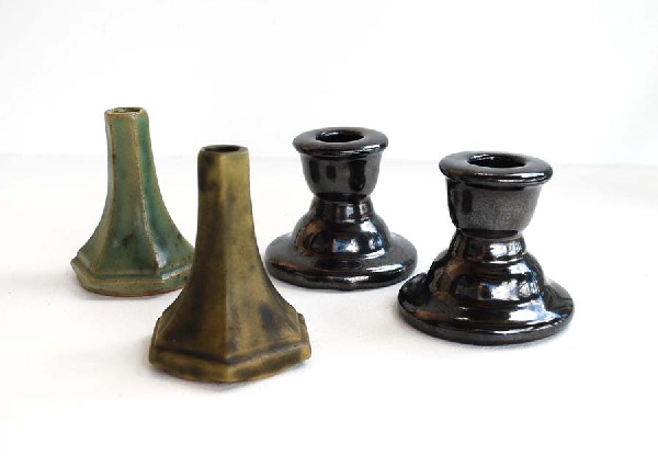 Two Pairs of Arts & Crafts Candleholders: Designer & Manufacturer: Manner of Fulper Country of Origin & Materials: USA; Pottery Additional Information & Circa: Two pairs of candleholders in the manner of Fulper, unmarked; Circa 1915-1920 Dime