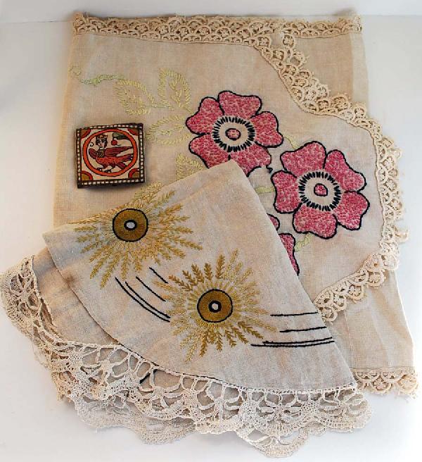 Lot of 3 Arts & Crafts Textiles: Designer & Manufacturer: Country of Origin & Materials: Additional Information & Circa: Lot of 3 Arts & Crafts textiles; runner, round table scarf, and coin purse Dimensions: varies