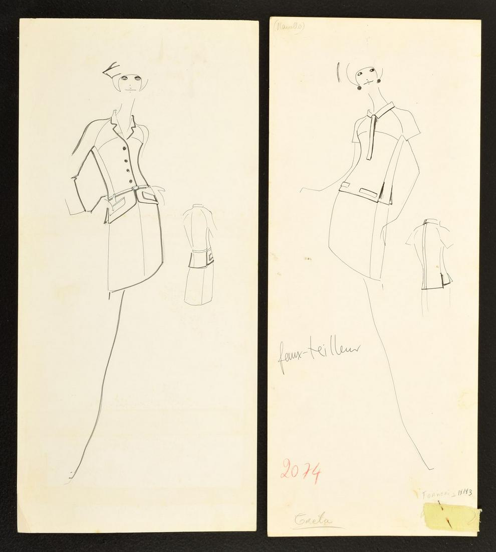 2 Karl Lagerfeld Fashion Drawings: Artist/Designer; Manufacturer: Karl Lagerfeld (1933-2019) Marking(s); notes: marking(s) Country of origin; materials: German; mixed media on heavy card stock Dimensions (H, W, D): largest: 19.75"h, 9.