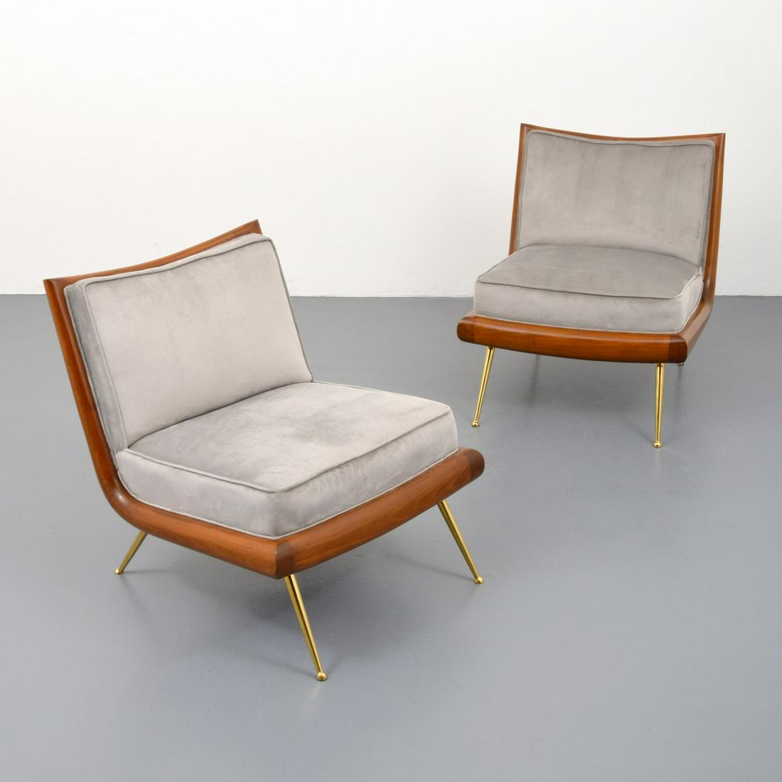 Pair of T.H. Robsjohn-Gibbings Slipper Lounge Chairs: Artist/Designer; Manufacturer: T.H. Robsjohn-Gibbings; Widdicomb Marking(s); notes: no marking(s) apparent Country of origin; materials: USA; wood, metal, upholstery Dimensions (H, W, D): 27.25"h, 24.
