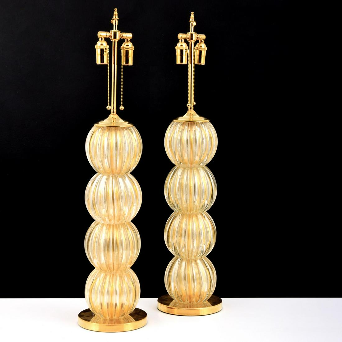 Pair of Murano Lamps, Manner of Barovier & Toso: Artist/Designer; Manufacturer: Barovier & Toso, manner of Marking(s); notes: no marking(s) apparent Country of origin; materials: Italy; glass, brass Dimensions (H, W, D): 36"h, 8"dia Additional Infor
