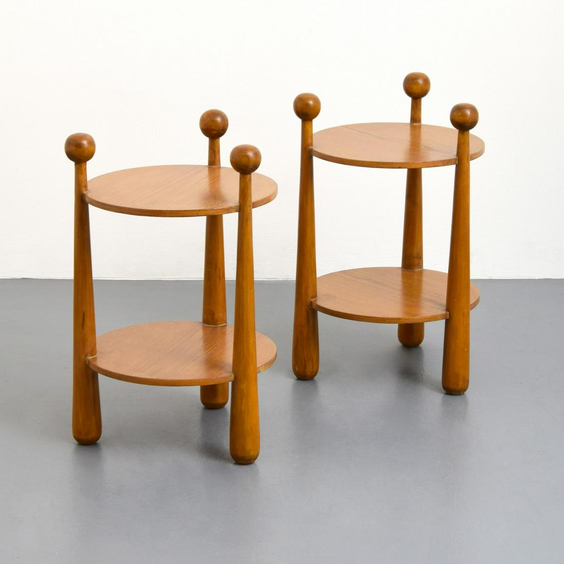 Pair of Side Tables, Manner of Jean Royere: Artist/Designer; Manufacturer: Jean Royere, manner of Marking(s); notes: no marking(s) apparent Country of origin; materials: country of origin unknown; wood Dimensions (H, W, D): 26.5"h, 16.25"w, 16.