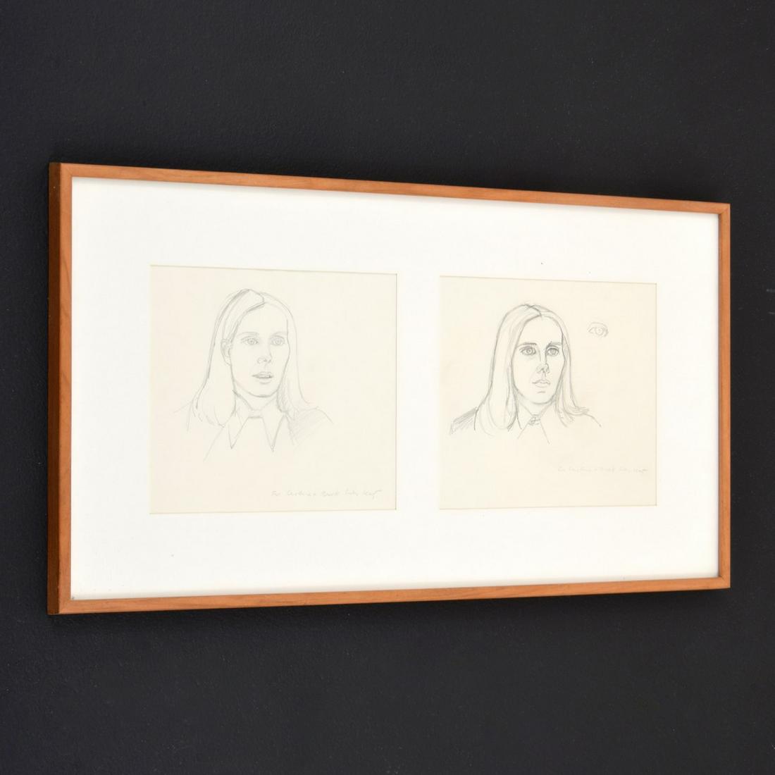 2 Alex Katz Portrait Study Drawings: Artist/Designer; Manufacturer: Alex Katz (b. 1927) Marking(s); notes: signed, marking(s) Country of origin; materials: American; pencil on paper Dimensions (H, W, D): 7.25"h, 7.75"w each; 13"h, 23"w f