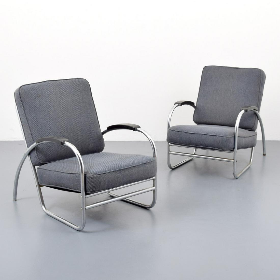 Pair of Royal Metal Lounge Chairs, Manner of KEM Weber: Artist/Designer; Manufacturer: K.E.M.Weber, manner of; Royal Metal Manufacturing Marking(s); notes: Royalmetal label Country of origin; materials: USA; chromed metal, upholstery, plastic Dimensions (H