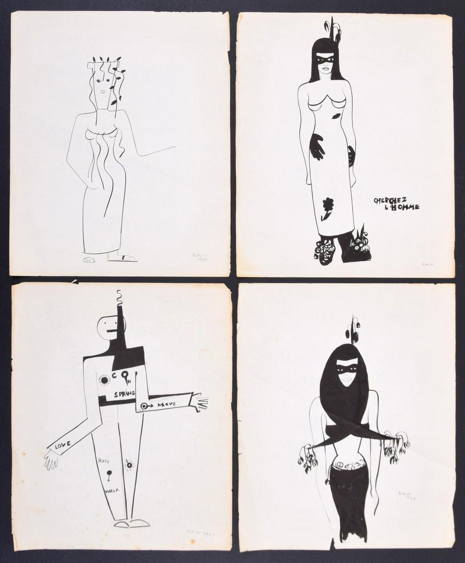 4 Sacha Kolin Costume Drawings: Artist/Designer; Manufacturer: Sacha Kolin (1911-1981) Marking(s); notes: signed, marking(s); (1) 1954, (2) 1957 Country of origin; materials: French; ink on paper Dimensions (H, W, D): 17"h, 14"w eac