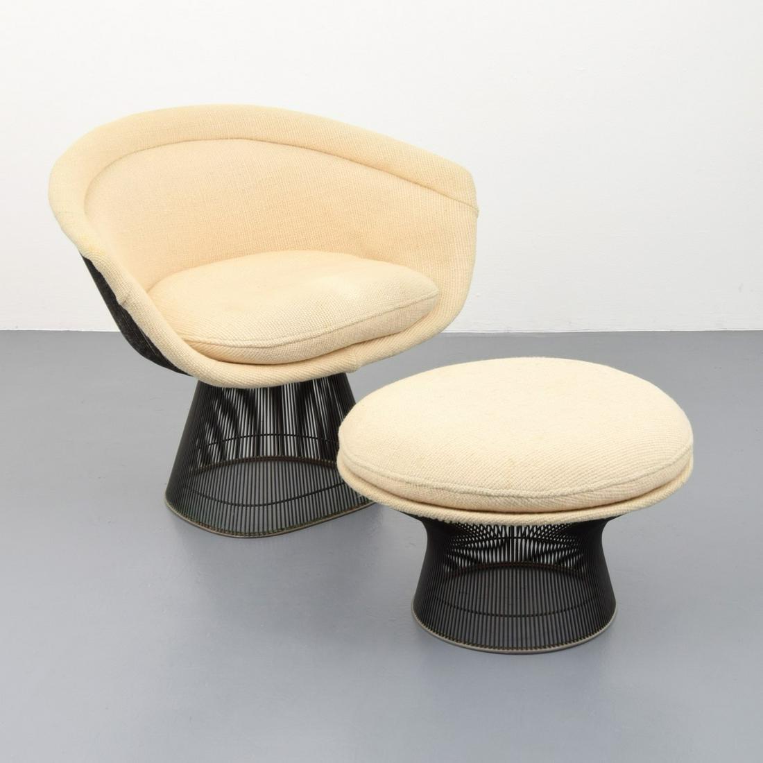 Warren Platner Lounge Chair & Ottoman: Artist/Designer; Manufacturer: Warren Platner; Knoll International Marking(s); notes: labels, marking(s) Country of origin; materials: USA; bronze-plated metal, upholstery Dimensions (H, W, D): chair: