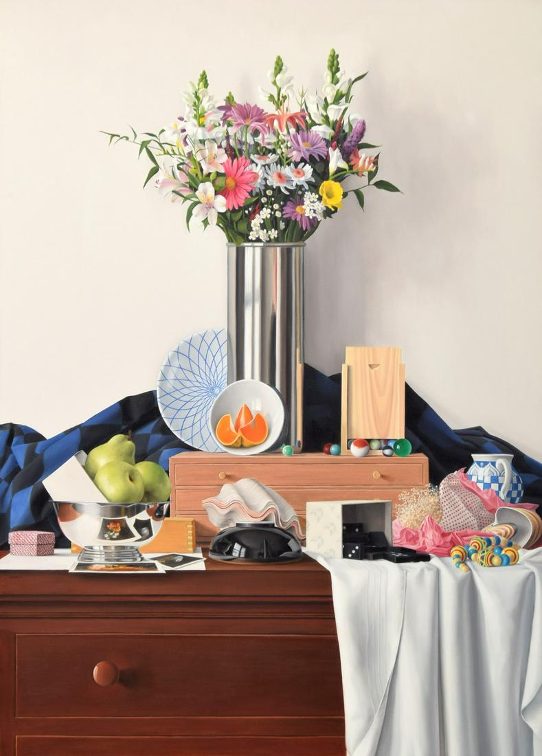 Large James Aponovich Hyperrealist Still Life Painting: Artist/Designer; Manufacturer: James Aponovich (b. 1948) Marking(s); notes: signed; 1990 Country of origin; materials: American; oil on canvas Dimensions (H, W, D): 50"h, 36"w; 53"h, 38.75"w frame Add