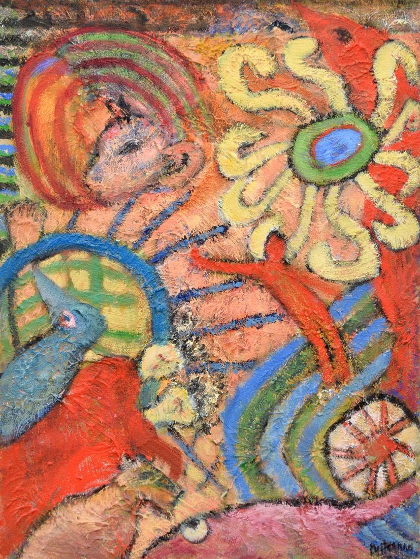 Florence Putterman Sand Painting: Artist/Designer; Manufacturer: Florence Putterman (1927-2021) Marking(s); notes: signed, artist's inventory label, marking(s) Country of origin; materials: American; acrylic and sand on wood Dimension