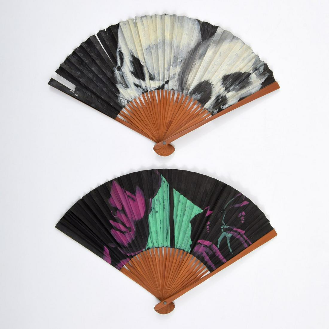 2 Jane Dickson Fan Paintings: Artist/Designer; Manufacturer: Jane Dickson (b. 1952) Marking(s); notes: no signature(s) apparent, one with fan's Made in China label; 1982 Country of origin; materials: American; oil paint on two vin