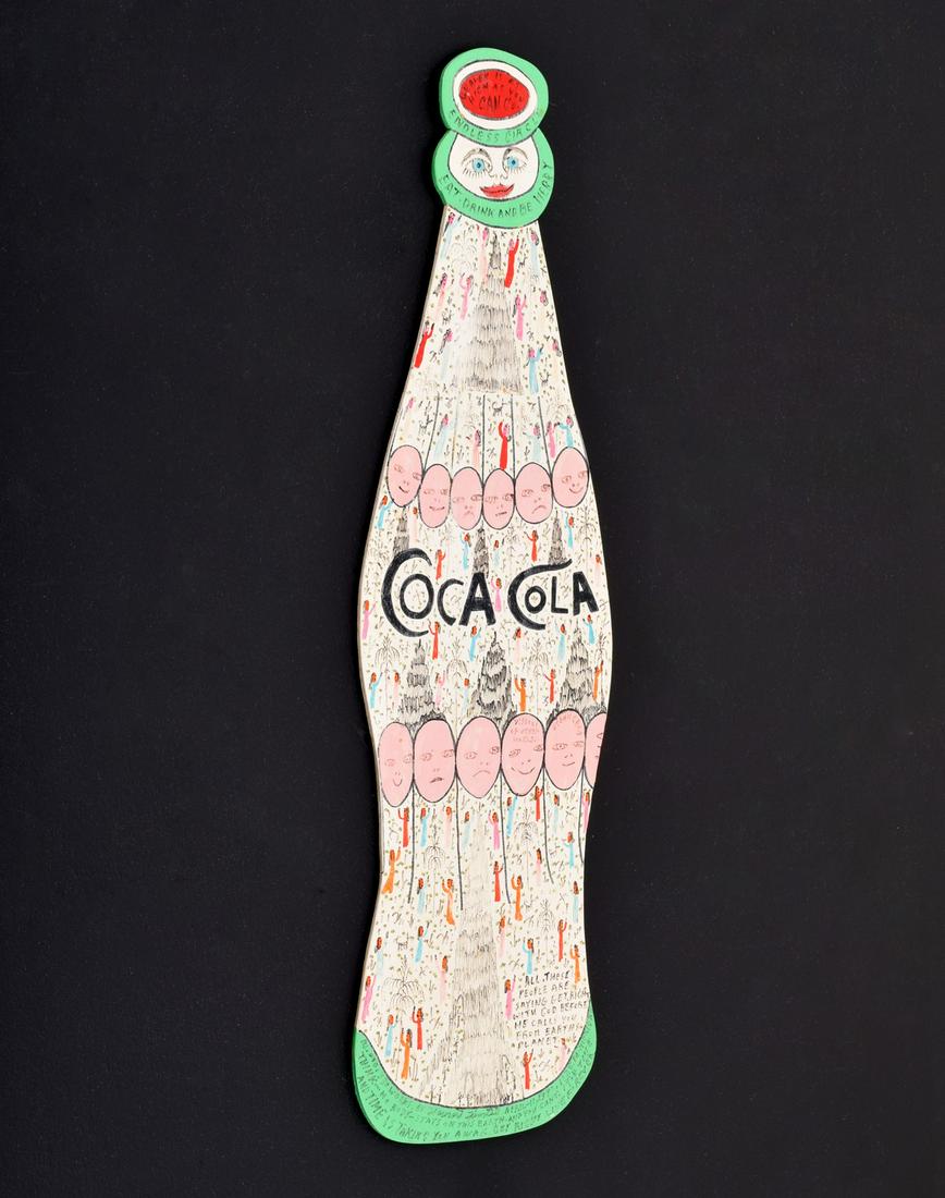Large Howard Finster Coke Bottle Painting: Artist/Designer; Manufacturer: Howard Finster (1916-2001) Marking(s); notes: signed, marking(s); 1990 Country of origin; materials: American; painted wood Dimensions (H, W, D): 34"h, 10.5"w Additional