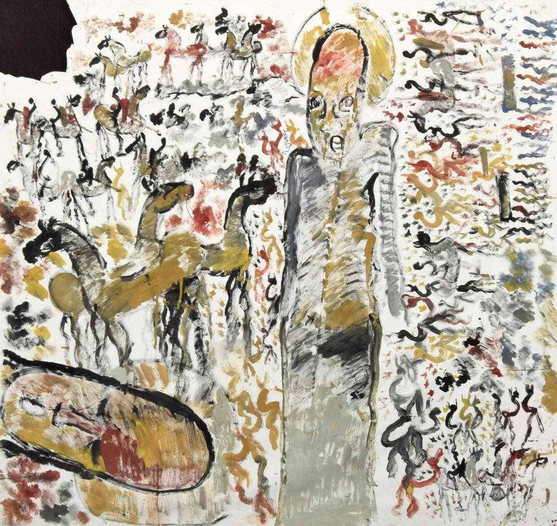 Large Purvis Young Silk Painting: Artist/Designer; Manufacturer: Purvis Young (1943-2010) Marking(s); notes: signed; circa 2007 (per certificate) Country of origin; materials: American; house paint on silk Dimensions (H, W, D): 54.5"h