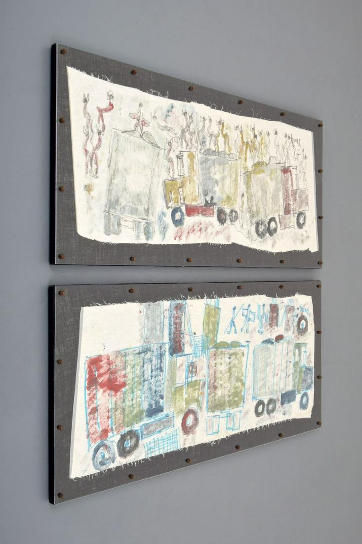 2 Purvis Young Silk Paintings: Artist/Designer; Manufacturer: Purvis Young (1943-2010) Marking(s); notes: signed (both); 1995, 1996 Country of origin; materials: American; paint on silk Dimensions (H, W, D): 18"h, 45"w; 22"h, 49.25