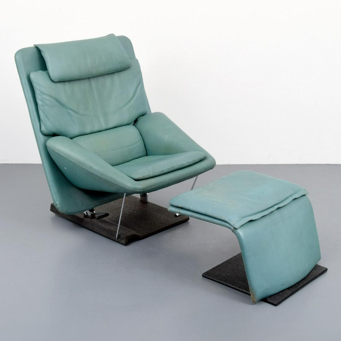 Saporiti Recliner / Lounge Chair & Ottoman: Artist/Designer; Manufacturer: Saporiti Italia Marking(s); notes: label Country of origin; materials: Italy; leather, chromed metal, rubber Dimensions (H, W, D): chair: 39"h, 33"w, 36"d (17" seat heig