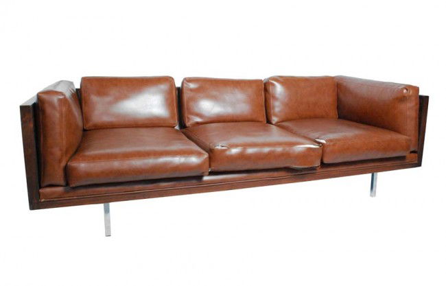 Milo Baughman Sofa: Designer & Manufacturer: Milo Baughman; Thayer Coggin Markings: none Country of Origin & Materials: USA; rosewood, upholstery, chrome Additional Information & Circa: Even arm rosewood sofa on four squ