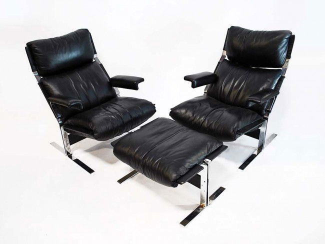 Pair of Pace Collection Inc. Chairs & Ottoman: Designer & Manufacturer: Pace Collection Inc. Markings: none Country of Origin & Materials: Italy; leather, chrome, steel Additional Information & Circa: Quality pair of lounge chairs & ottoman by Pac