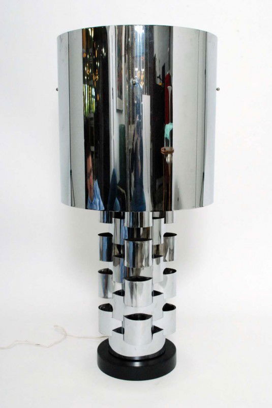 Curtis Jere Lamp: Designer & Manufacturer: Curtis Jere; Artisan House Markings: label Country of Origin & Materials: USA; chrome, wood Additional Information & Circa: Large architectural lamp with matching metal shade