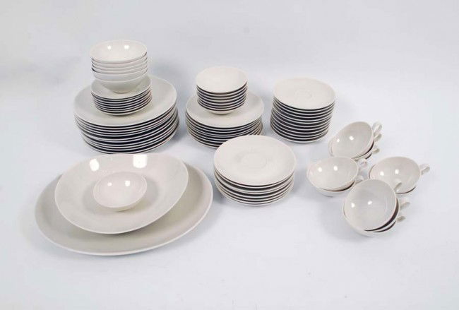 Eva Zeisel 75 Piece Museum Dinnerware: Designer & Manufacturer: Eva Zeisel; Castleton China Markings: marked Country of Origin & Materials: USA; porcelain Additional Information & Circa: Fine & rare large set of "Museum" dishes designed by