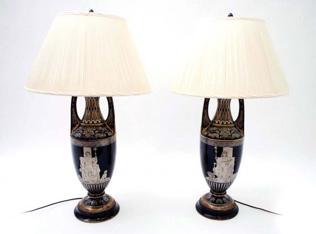 Pair of Grosfeld House Lamps: Designer & Manufacturer: Grosfeld House Markings: none Country of Origin & Materials: USA; ceramic or porcelain Additional Information & Circa: Fine pair of neoclassical lamps by Grosfeld House; Circa