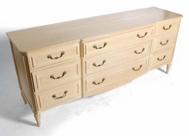 Grosfeld House Dresser: Designer & Manufacturer: Grosfeld House Markings: label Country of Origin & Materials: USA; wood, metal Additional Information & Circa: Fine dresser by Grosfeld House. Nine drawers, brass hardware, an