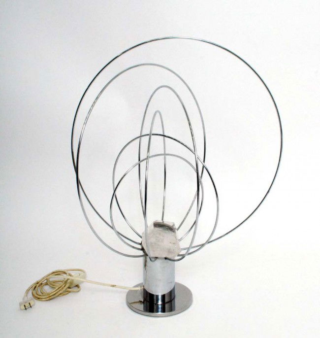 Angelo Brotto Lamp: Designer & Manufacturer: Angelo Brotto; Esperia Markings: none Country of Origin & Materials: Italy; chrome, crystal Additional Information & Circa: Angelo Brotto lamp for Esperia. Orbiting rings arou