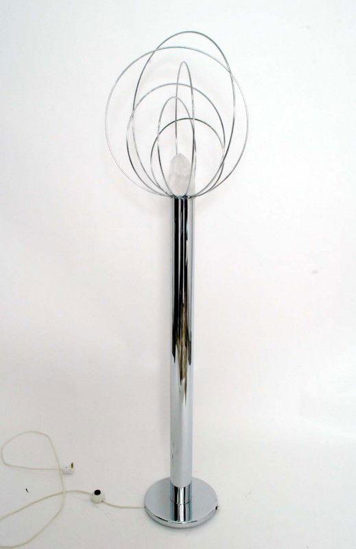 Angelo Brotto Floor Lamp: Designer & Manufacturer: Angelo Brotto; Esperia Markings: none Country of Origin & Materials: Italy; chrome, crystal Additional Information & Circa: Angelo Brotto floor lamp for Esperia. Orbiting ring