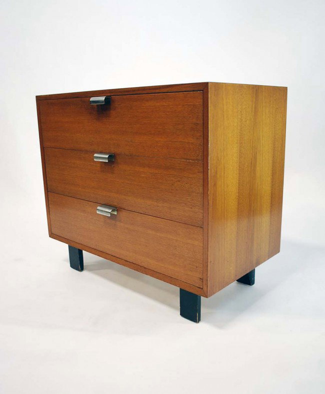George Nelson Chest: Designer & Manufacturer: George Nelson; Herman Miller Markings: none Country of Origin & Materials: USA; wood, aluminum Additional Information & Circa: Three drawer chest with aluminum pulls by George