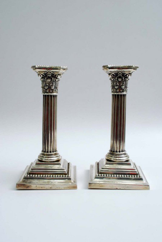 Pair of Edwardian Sterling Candlesticks: Designer & Manufacturer: Markings: various marks Country of Origin & Materials: England; sterling silver Additional Information & Circa: Heavy and detailed pair of Edwardian sterling silver candlestic
